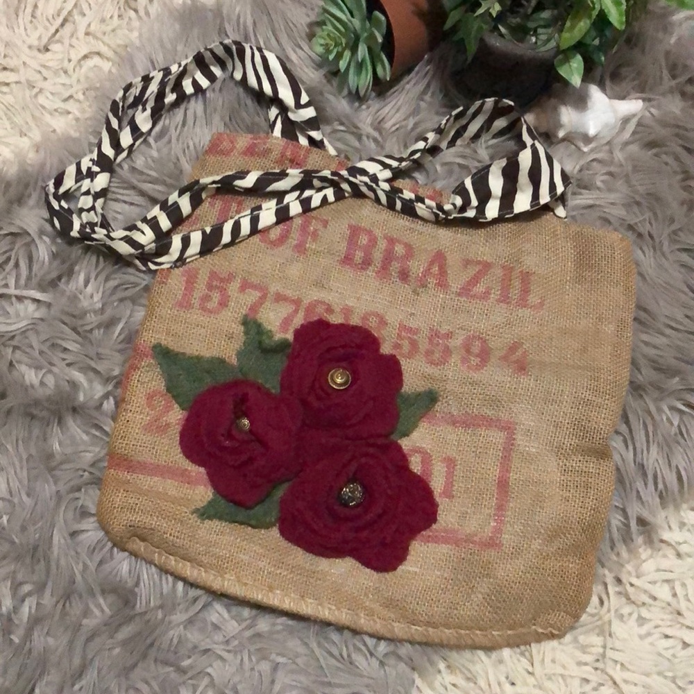 Upcycled Feed Bag Tote with Floral Embellishments-15x15-EUC